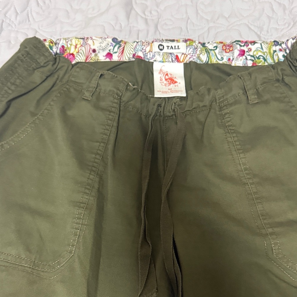 Olive Green Drawstring Pants with Floral Waistband